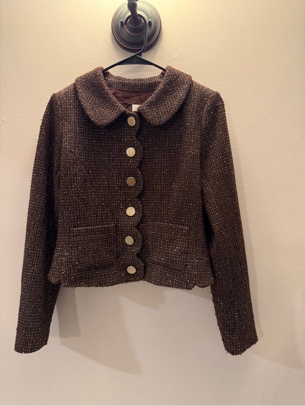 Maeve Anthropologie Brown Tweed Scalloped Button Front Cropped Jacket Small